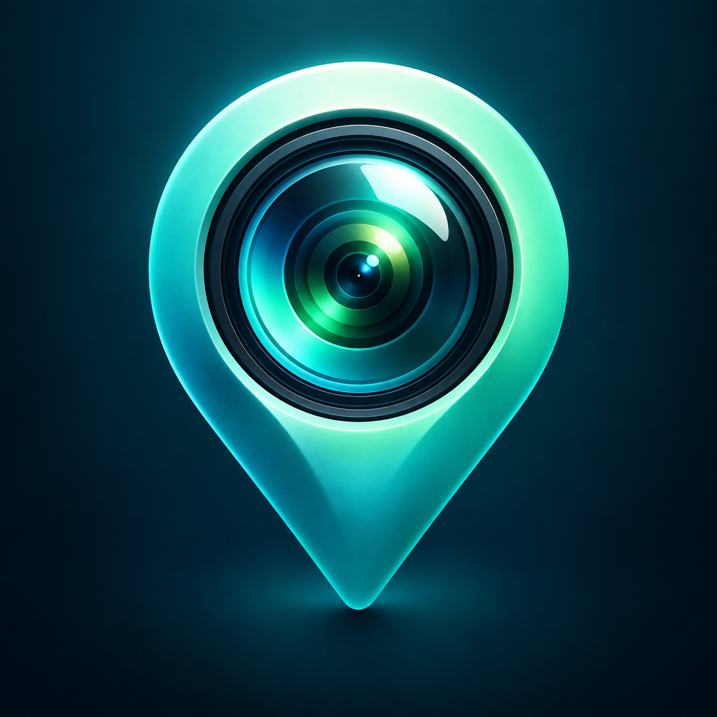 GPS Cam camera lens and location pin logo